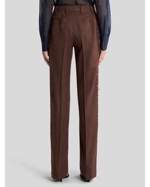 Etro Brown Straight-Leg Wool Trousers With Pheasant Feathers And Micro Houndstooth Motif