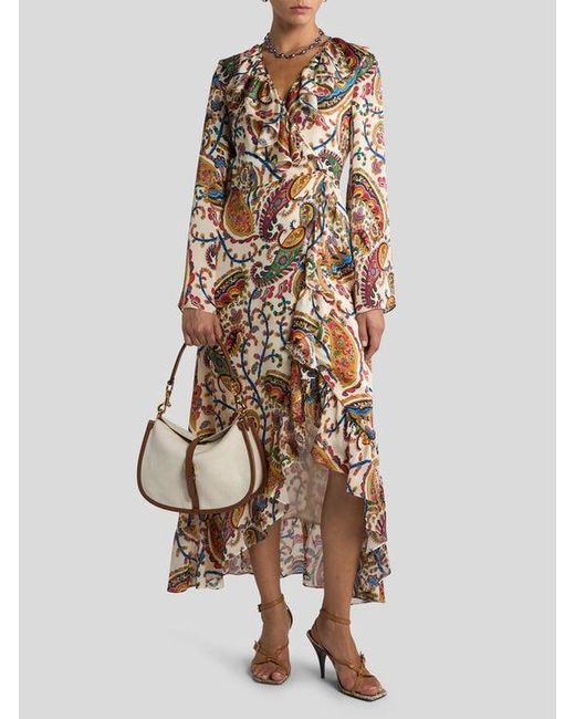 Etro Natural Peau D'Ange Silk Long Wrap Dress With Floral Paisley Motif
