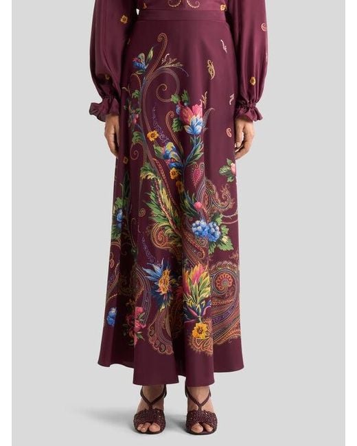 Etro Red Silk Maxi Skirt With Placed Floral Paisley Print