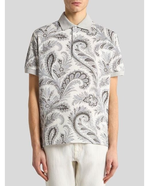 Etro White Floral Paisley Cotton Polo Shirt for men