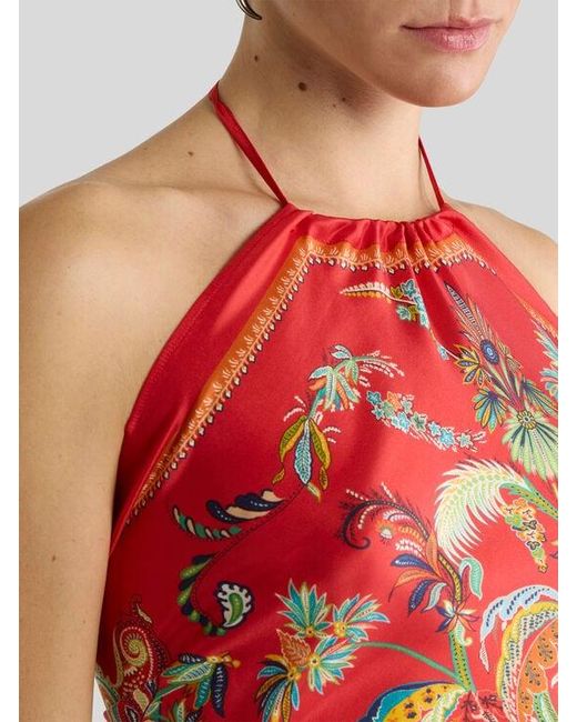 Etro Red Silk Top With Halterneck And Paisley Foliage Motif