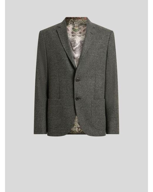 Etro Gray Single-Breasted Knit Jacket With Chevron Motif for men
