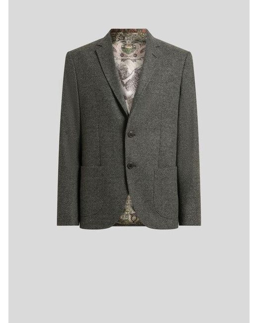 Etro Gray Single-Breasted Knit Jacket With Chevron Motif for men