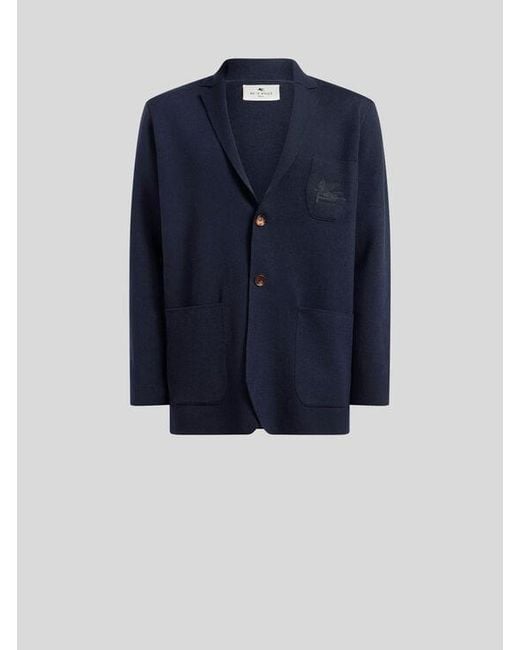 Etro Blue Single-Breasted Wool Jacket With Embroidered Logo for men