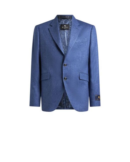Etro Blue Single-Breasted Wool-Blend Jacket With Micro Chevron Motif for men