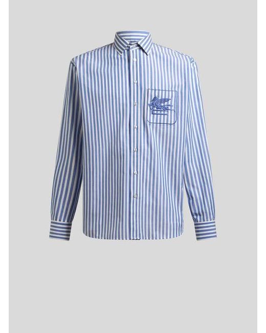 Etro Blue Striped Shirt With Pegaso for men