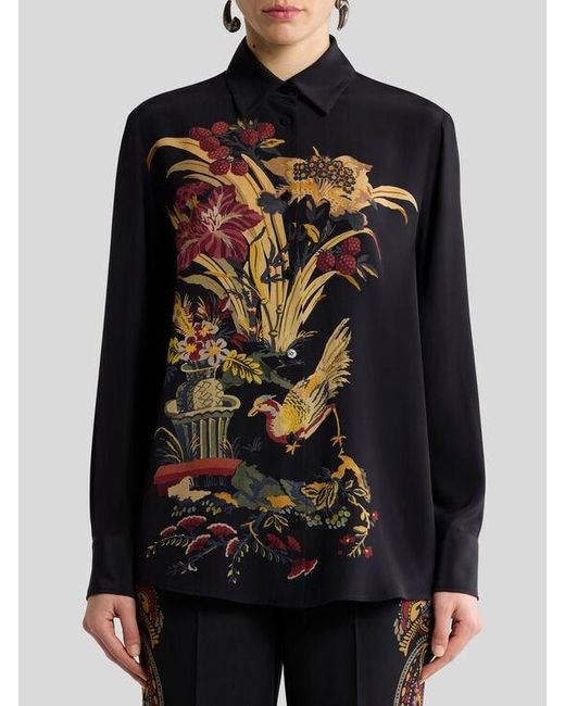 Etro Black Silk Shirt With Placed Front Print