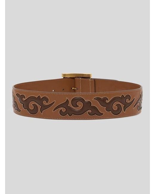 Etro Brown Leather Belt With Texan Embroidery