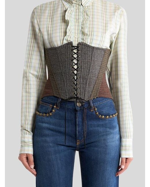 Etro White Wool Corset Belt With Houndstooth Motif