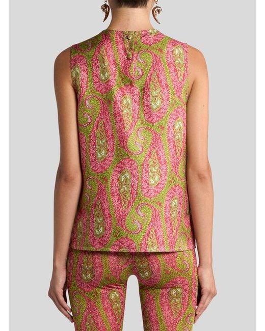 Etro Green Twill Top With Paisley Foliage Motif