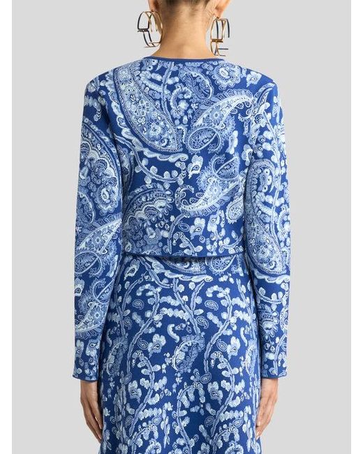 Etro Blue Jacquard Cropped Cardigan With Floral Paisley Motif