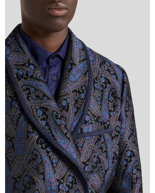 Etro Blue Chenille Jacquard Robe Coat With Metallic Paisley Motif for men
