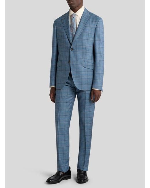 Etro Blue Single-Breasted Wool Suit With Check Motif for men