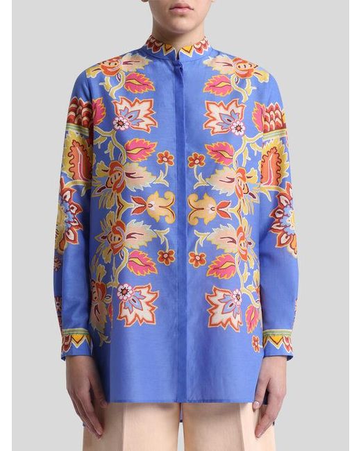 Etro Blue Cotton And Silk Shirt With Print