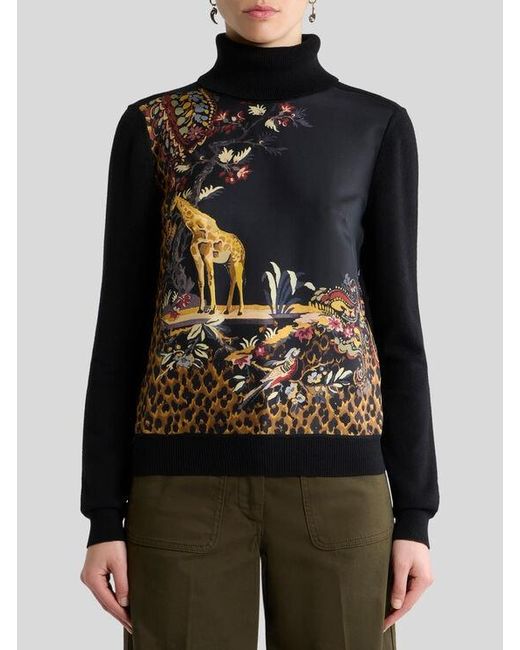 Etro Black Wool-Blend Turtleneck Sweater With Placed Animal And Paisley Print