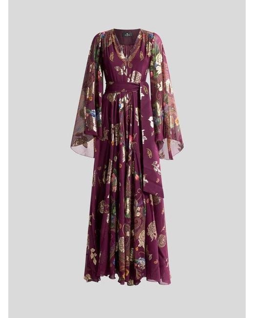 Etro Red Long Silk Dress With Placed Floral Paisley Print