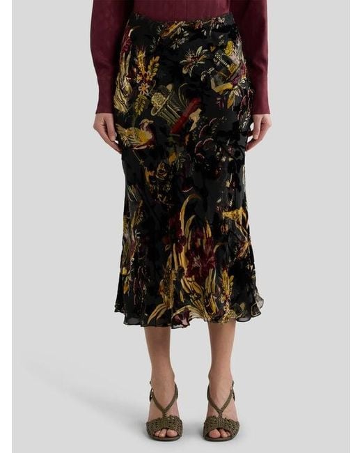 Etro Black Silk-Blend Burnout Velvet Midi Skirt With Flower And Animal Motif