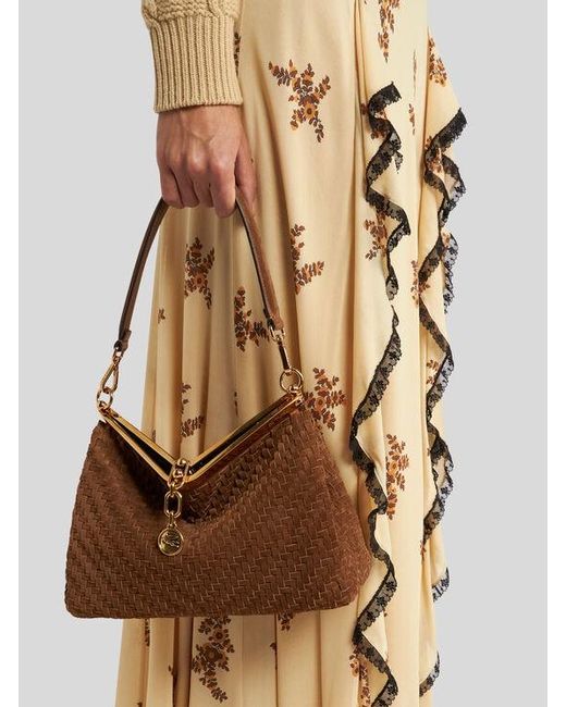 Etro Brown Medium Woven Suede Vela Bag