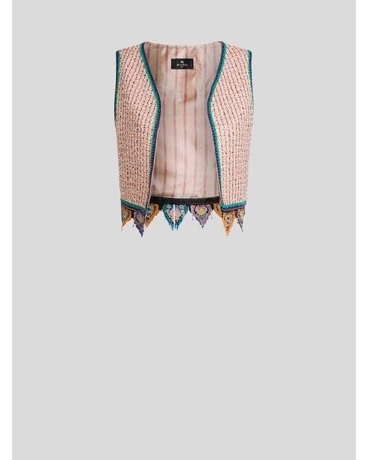 Etro White Cropped Jacquard Waistcoat With Tweed Effect, Fringing And Check Motif