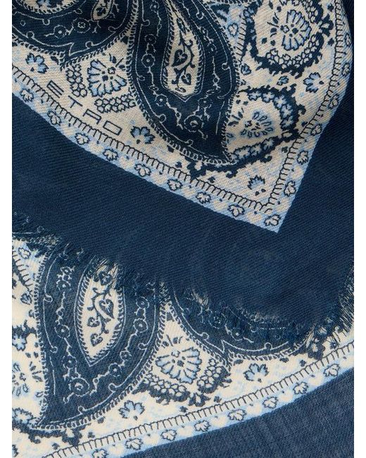 Etro Blue Wool Scarf With Tie Motif for men