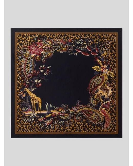 Etro Black Silk Twill Scarf With Leopard And Paisley Motif