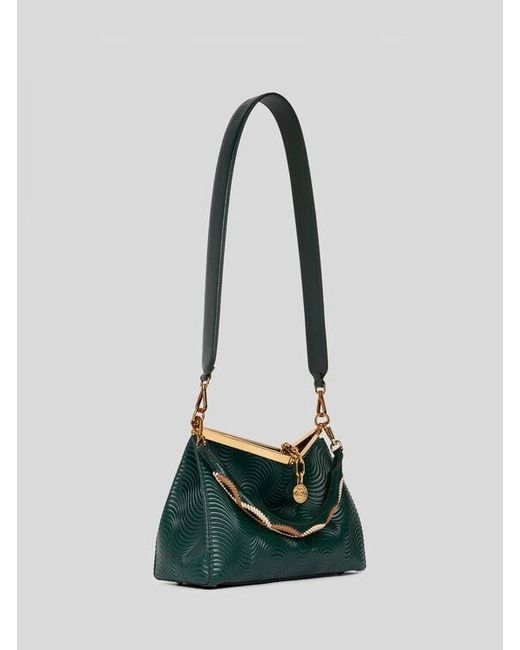 Etro Green Medium Vela Bag With Wavy Motif And Clutch