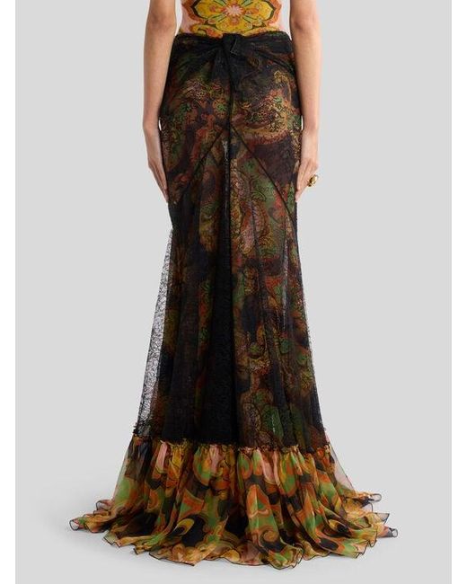 Etro Natural Silk Maxi Skirt With Lace And Floral Motif