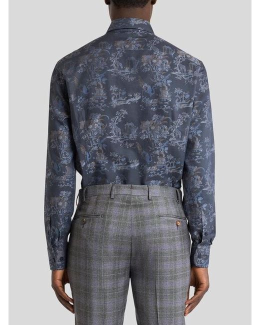 Etro Blue Cotton Jacquard Shirt With Flower And Animal Motif for men