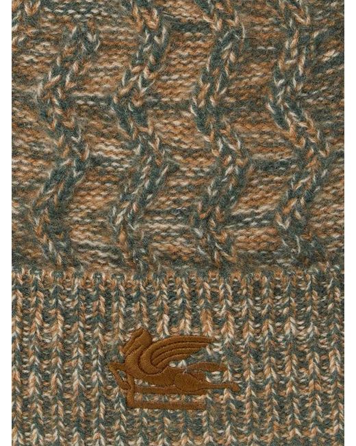 Etro Green Cashmere Beanie With Cable Detail And Pegaso Embroidery for men