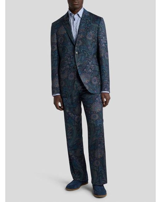 Etro Blue Single-Breasted Wool Jacket With Floral Motif for men