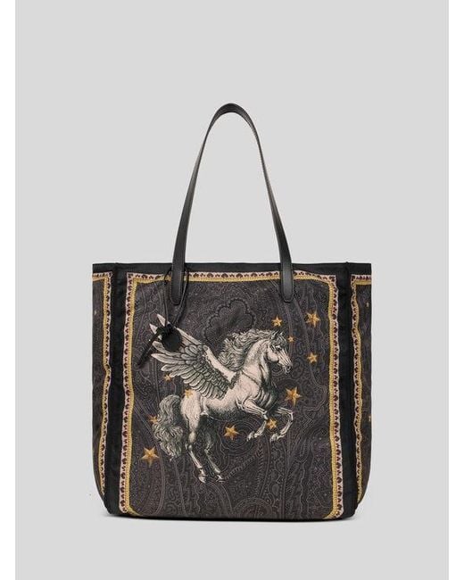 Etro Black Nylon Tote Bag With Pegaso Print And Arnica Motif for men