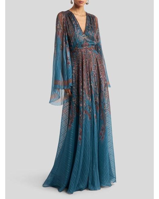 Etro Blue Floral Paisley Long Silk Dress