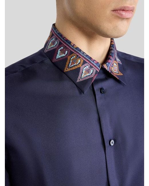 Etro Blue Short-Sleeved Silk Shirt With Placed Print for men