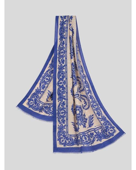 Etro Blue Chiffon Scarf With Floral Print