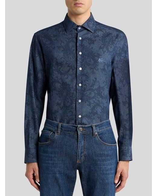 Etro Blue Cotton Denim Shirt With Leafy Paisley Motif And Pegaso for men