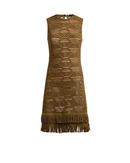 Etro Natural Crochet-Effect Cotton Knee-Length Dress With Fringing