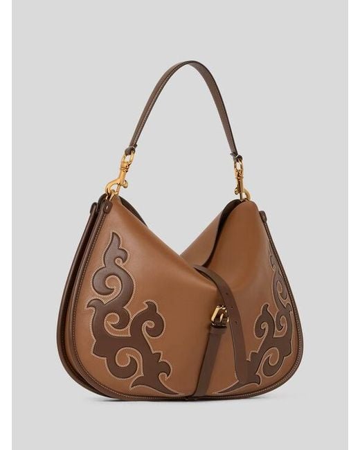 Etro Brown Maxi Leather Pony Bag With Texan Embroidery