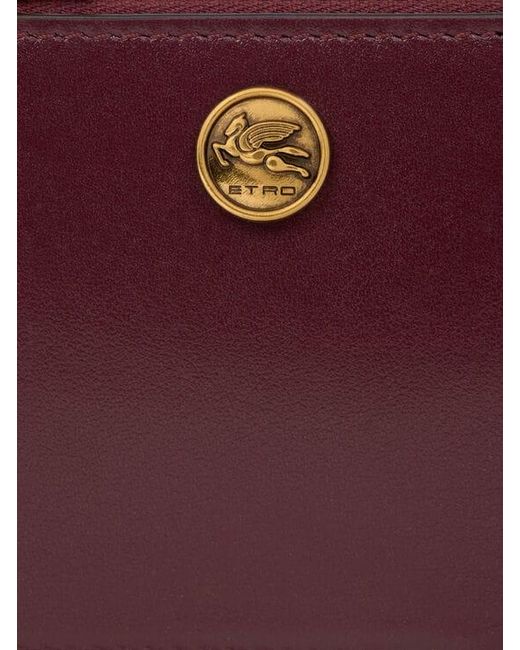 Etro Purple Leather Card Holder With Pegaso Button