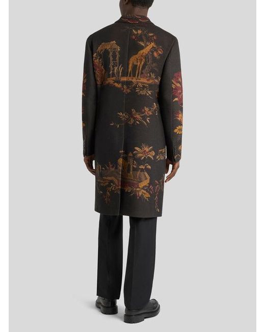 Etro Black Wool-Blend Coat With Placed Flower And Animal Print for men