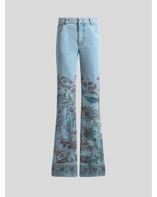 Etro Blue Flared Denim Jeans With Placed Flora And Fauna Print