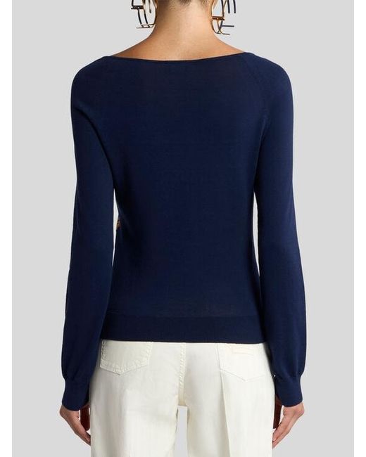 Etro Blue Cotton-Blend Jacquard Sweater With Inlays