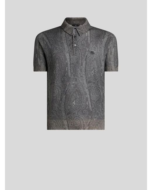 Etro Gray Knit Polo-Shirt With Paisley Print for men