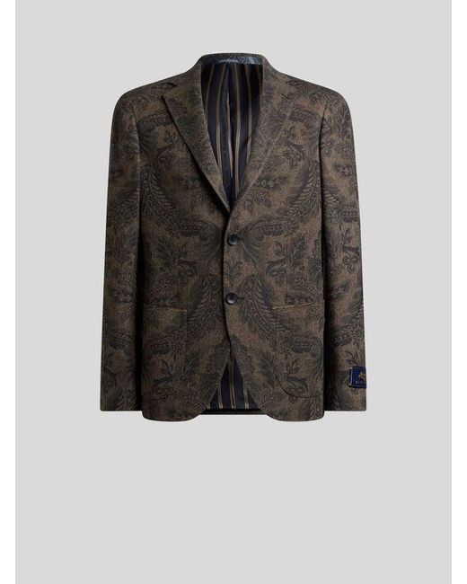 Etro Black Wool And Cashmere Blazer With Placed Print for men