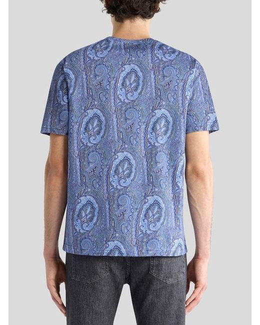 Etro Blue Cotton T-Shirt With Floral Paisley Motif for men