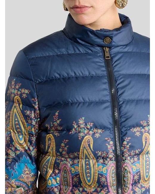 Etro Blue Down Jacket With Placed Paisley Print