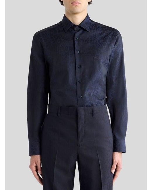 Etro Blue Cotton Jacquard Shirt With Animal Motif for men