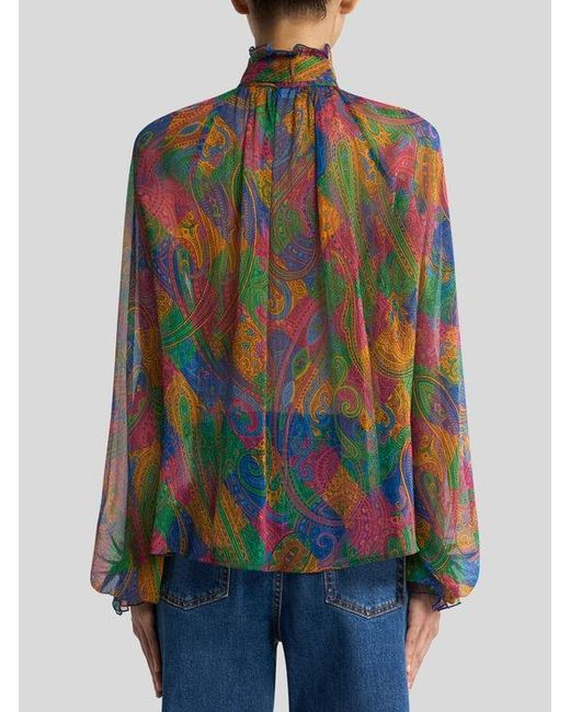 Etro Multicolor Silk Crepon Blouse With Geometric Paisley Motif