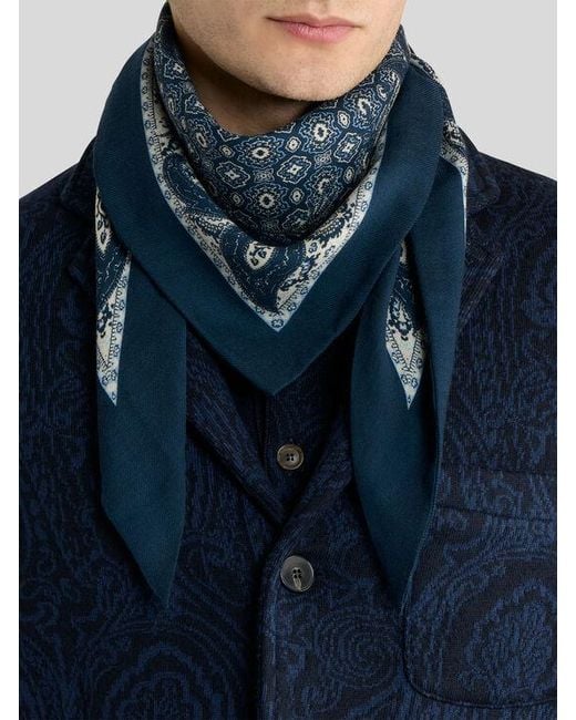Etro Blue Triangular Wool Scarf With Tie Motif for men