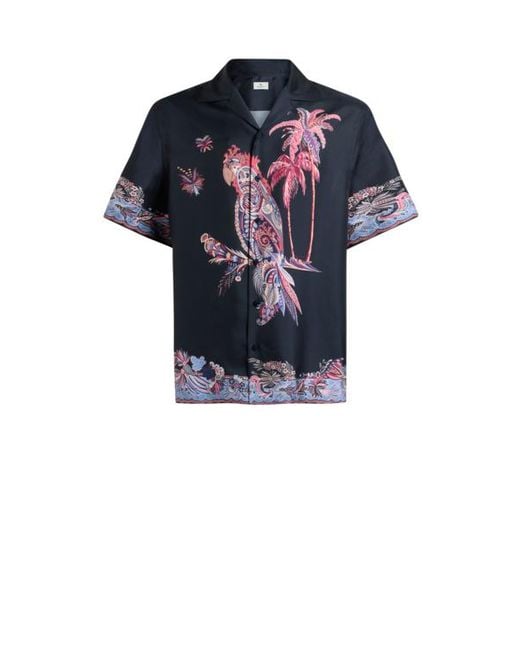 Etro Blue Cotton Bowling Shirt With Placed Parrot Print for men