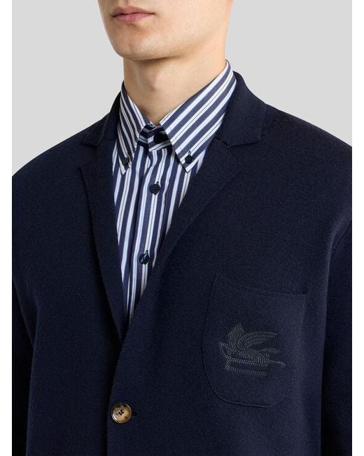 Etro Blue Single-Breasted Wool Jacket With Embroidered Logo for men